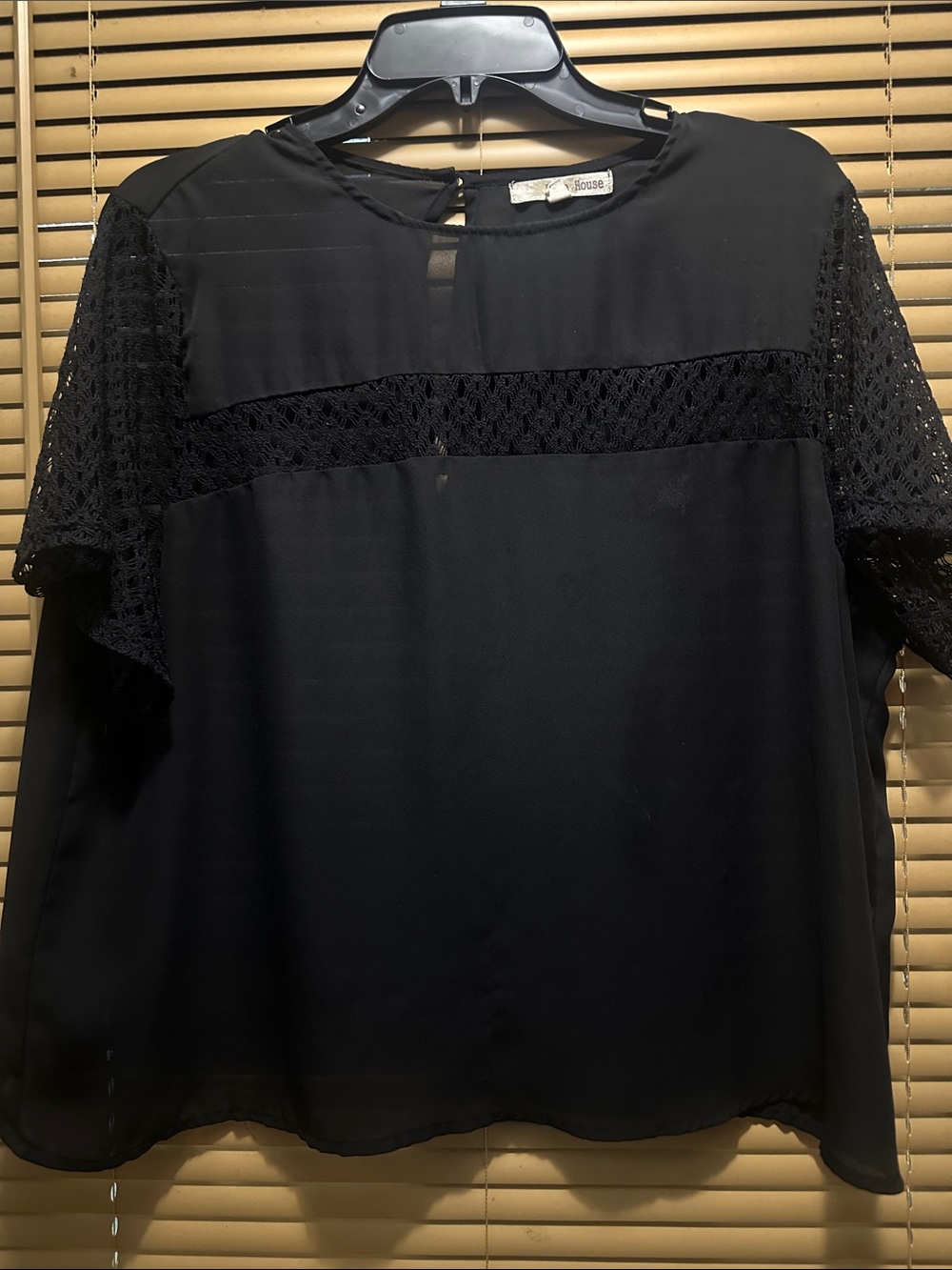 Black Lace-Accent Short Sleeve Blouse